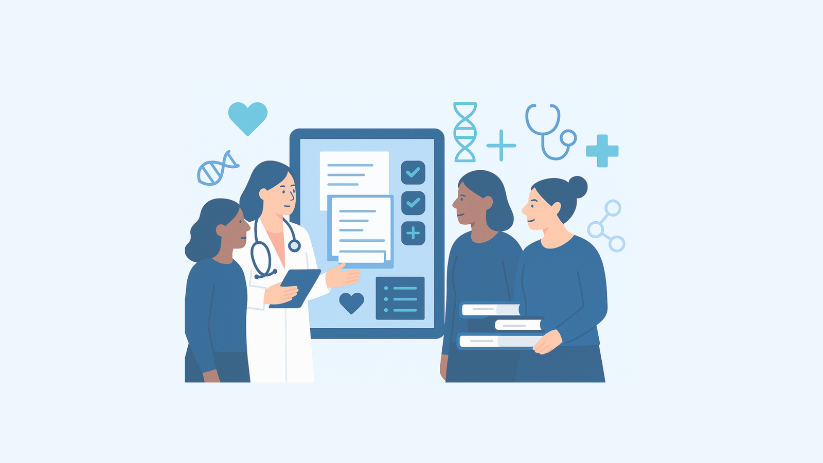 Clinician speaking with two midlife women in a supportive, evidence-based care setting; icons of genetics and stethoscope in background.